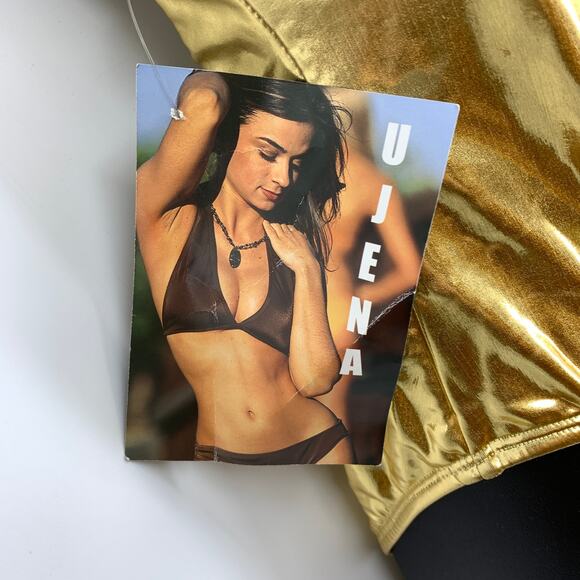 Vintage 90s Ujena Plunge Cut Halter Neck One Piece Swimsuit Sz 6 Gold Metallic - Picture 2 of 5